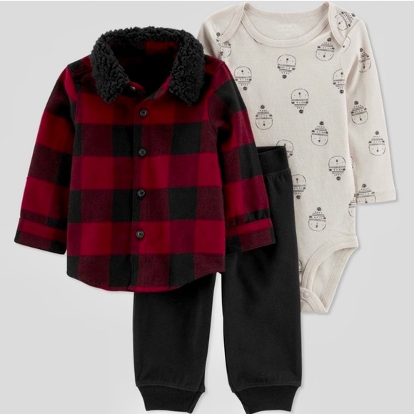Carter's JOY Baby Boys' Plaid Shacket & Bottom 3pc Set - Red/Black NWT - Picture 1 of 4